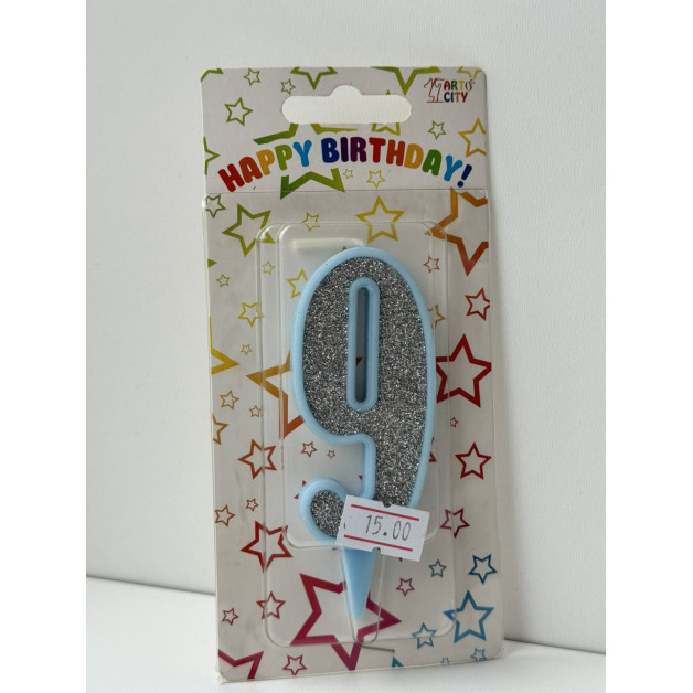 Свічка цифра блакитна срібний глітер 9