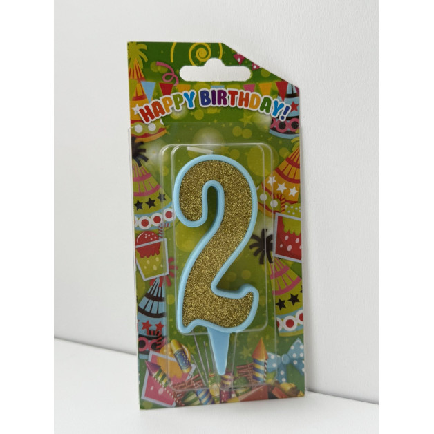 Свічка цифра блакитна золотий глітер 2