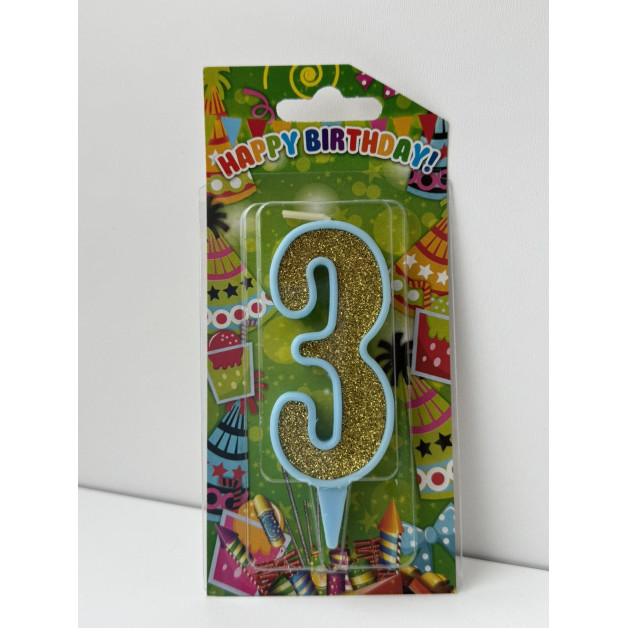 Свічка цифра блакитна золотий глітер 3