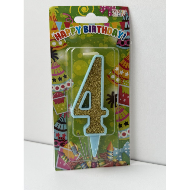 Свічка цифра блакитна золотий глітер 4