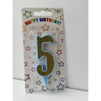 Свічка цифра блакитна золотий глітер 5