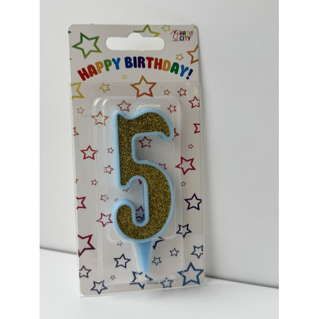 Свічка цифра блакитна золотий глітер 5