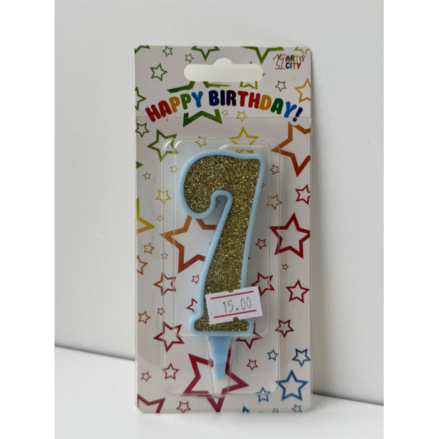 Свічка цифра блакитна золотий глітер 7