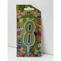 Свічка цифра блакитна золотий глітер 8