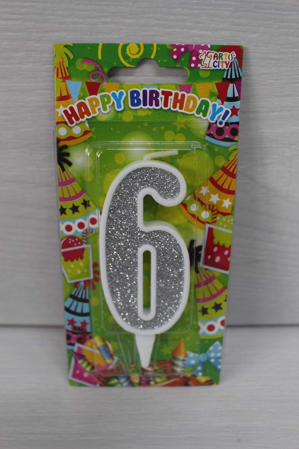 картинка Свічки для торта цифра "6" біла, срібний глітер. в магазині Центр Солодкого Декору
