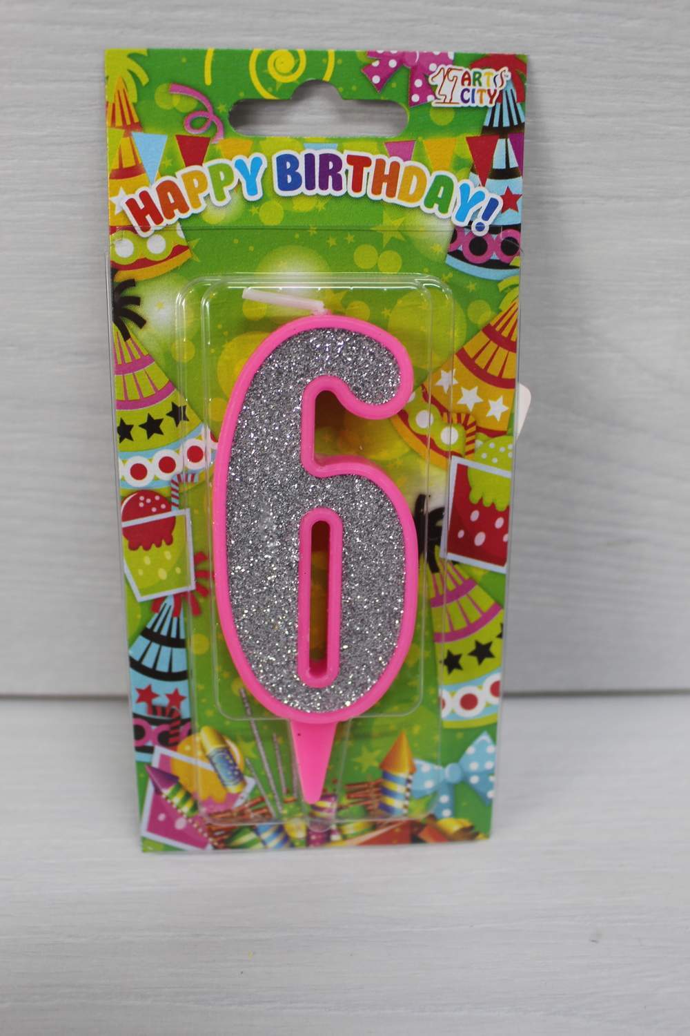 картинка Свічки для торта цифра "6" рожева, срібний глітер. в магазині Центр Солодкого Декору