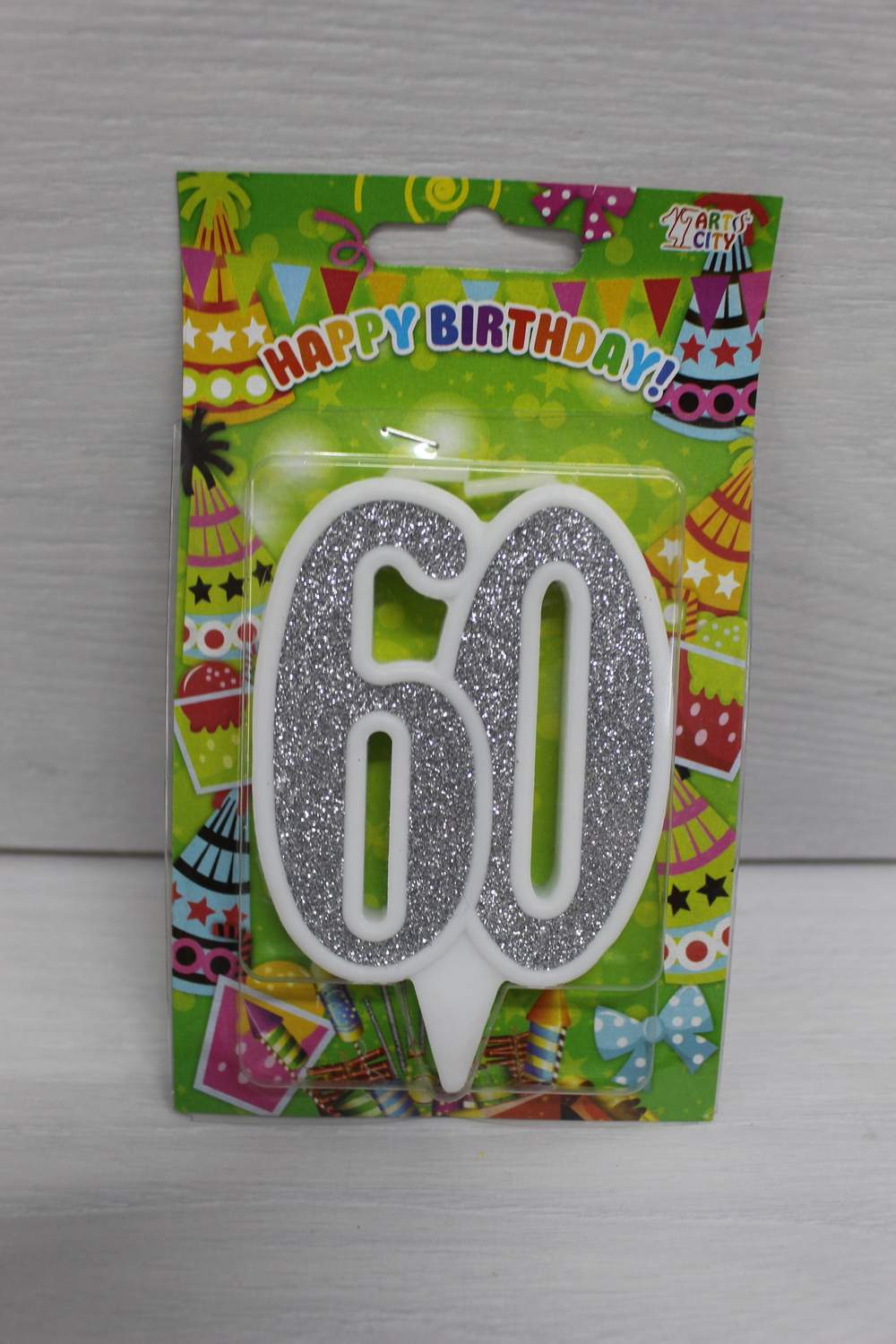 картинка Свічки для торта цифра "60" біла, срібний глітер. в магазині Центр Солодкого Декору