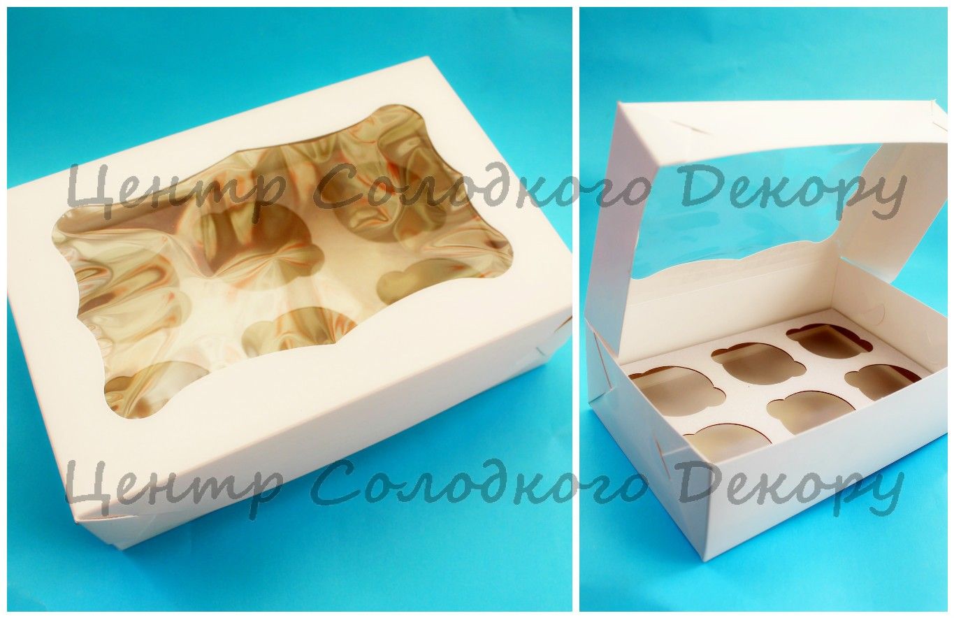 картинка Коробка на 6 кексів з віконечком з білого картону (тонка). 17*25*8 см от магазина Центр Солодкого Декору