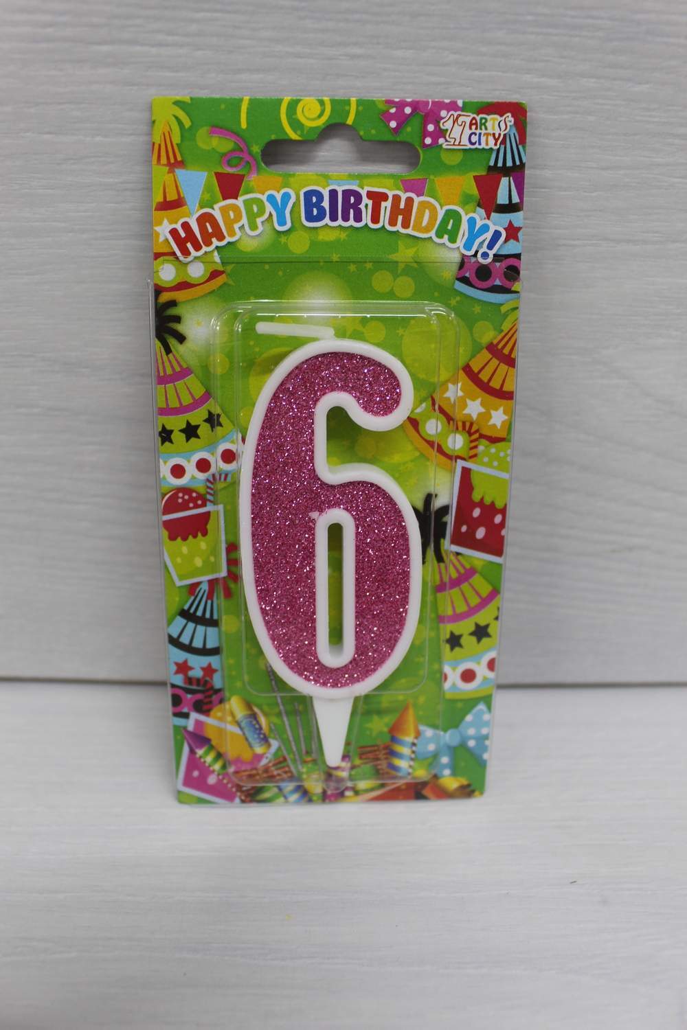 картинка Свічки для торта цифра "6" біла, рожевий глітер. в магазині Центр Солодкого Декору