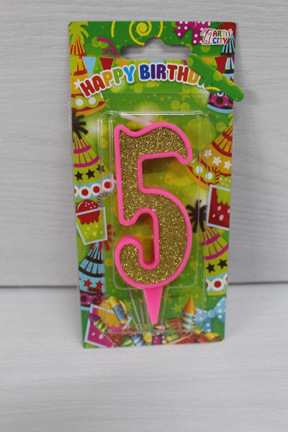 картинка Свічки для торта цифра "5" рожева, золотий глітер. в магазині Центр Солодкого Декору