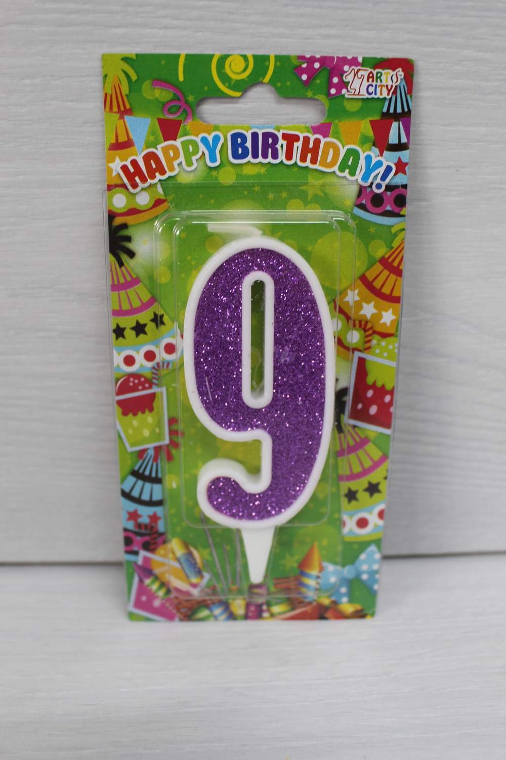 картинка Свічки для торта цифра "9" біла, фіолетовий глітер. в магазині Центр Солодкого Декору