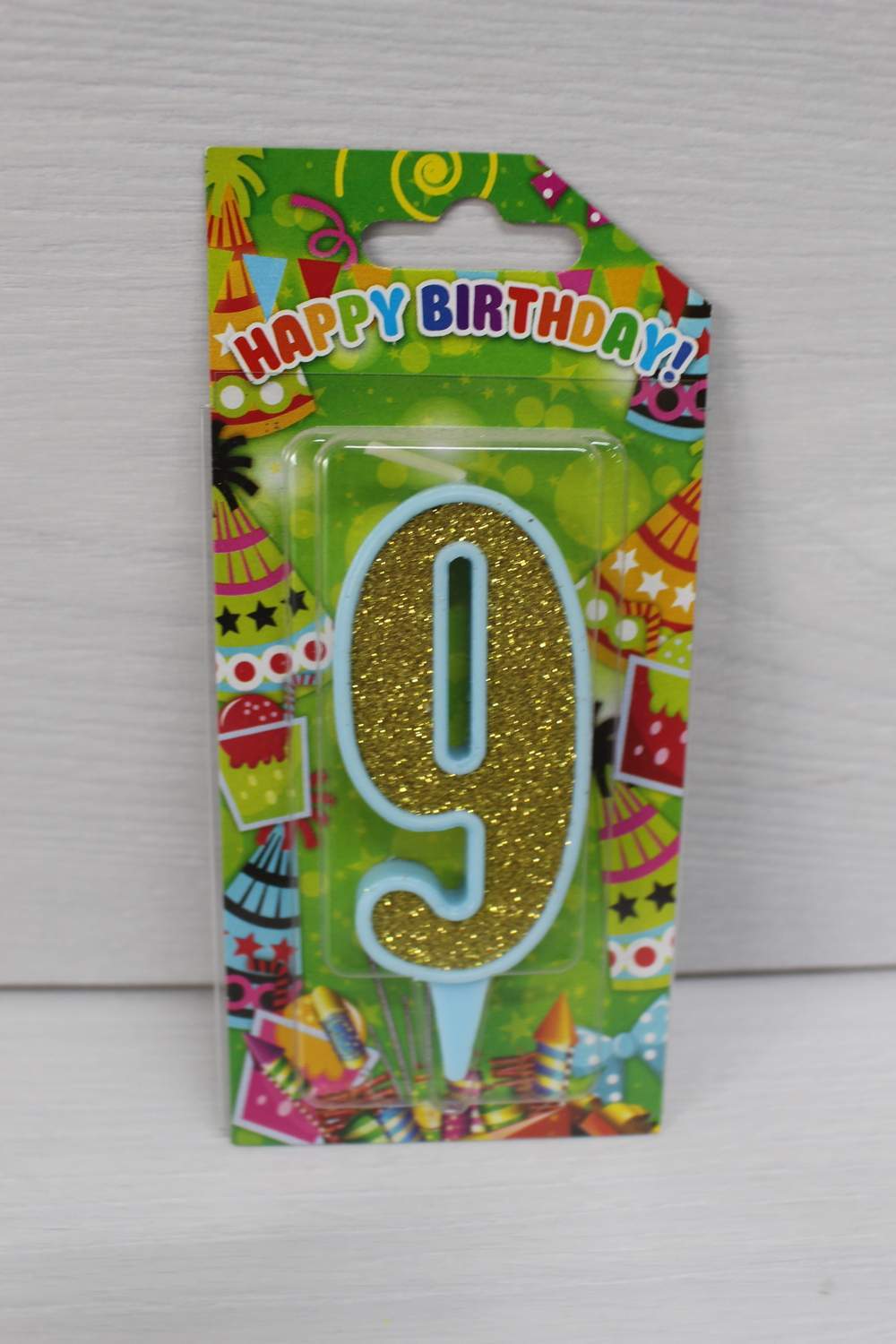 картинка Свічки для торта цифра "9" блакитна, золотий глітер. в магазині Центр Солодкого Декору