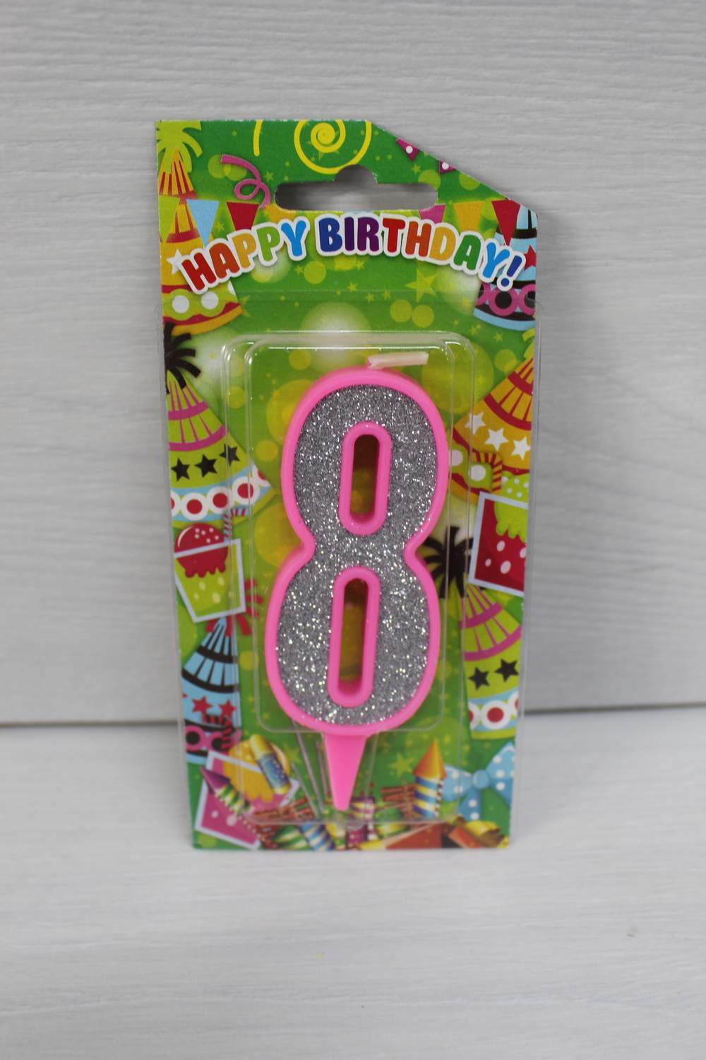 картинка Свічки для торта цифра "8" рожева, срібний глітер. в магазині Центр Солодкого Декору