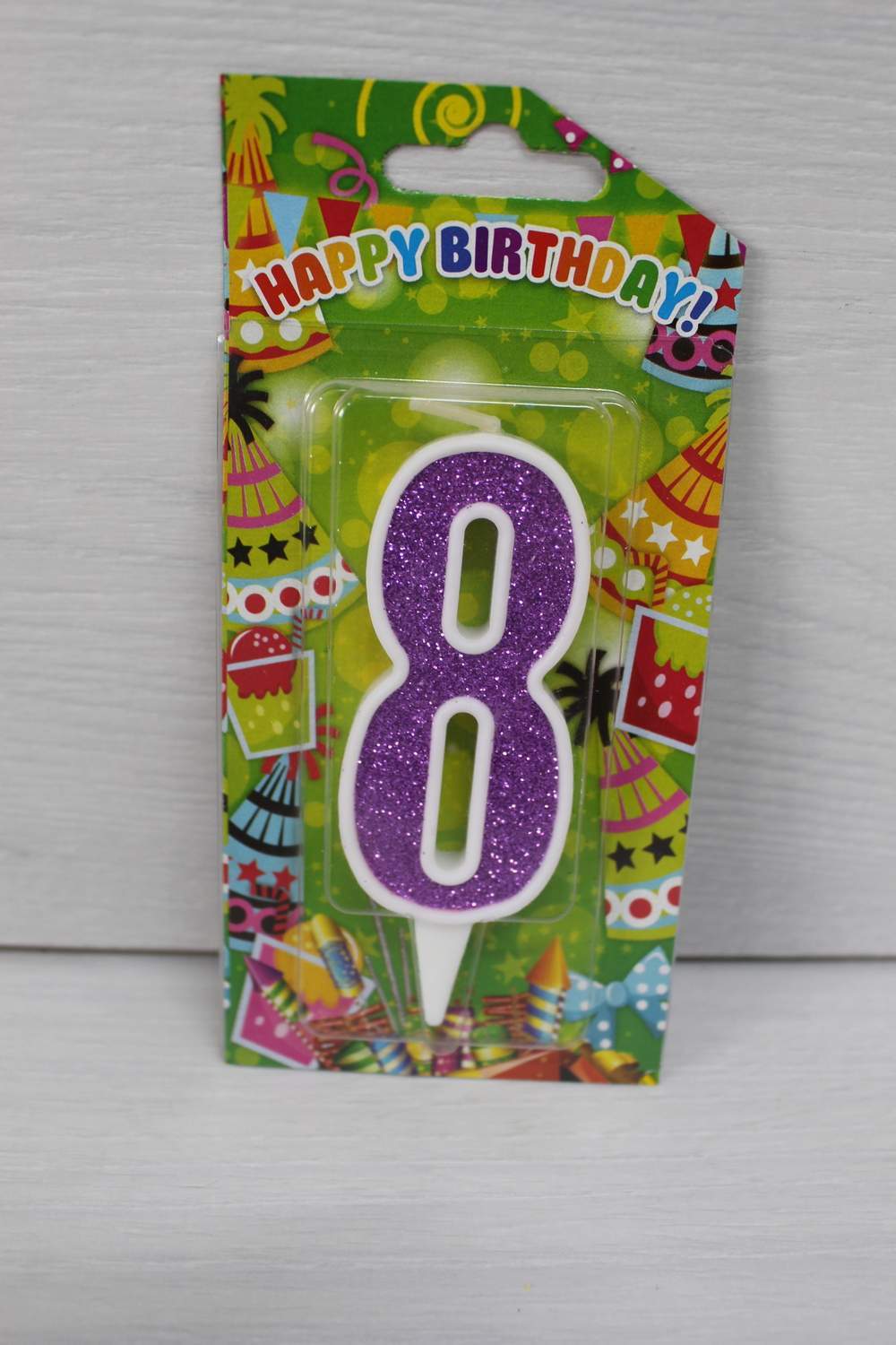 картинка Свічки для торта цифра "8" біла, фіолетовий глітер. в магазині Центр Солодкого Декору