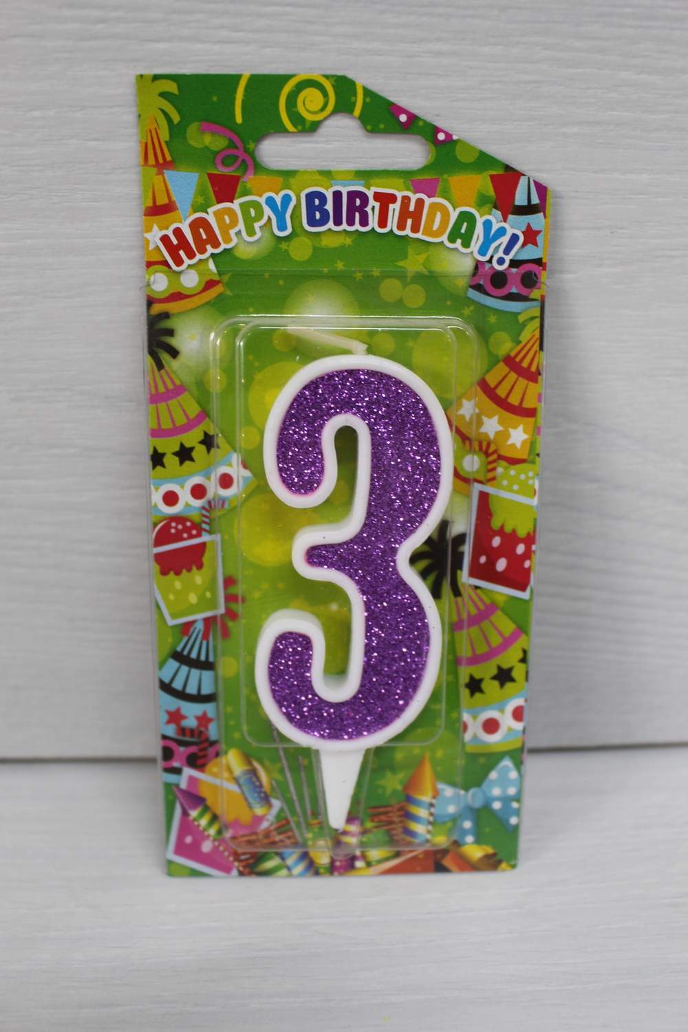 картинка Свічки для торта цифра "3" біла, фіолетовий глітер. в магазині Центр Солодкого Декору