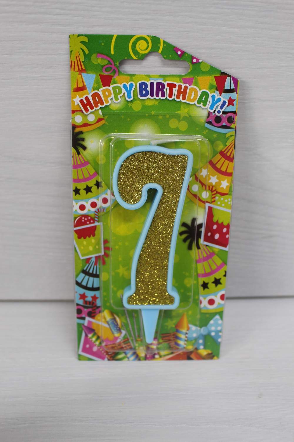 картинка Свічки для торта цифра "7" блакитна, золотий глітер. в магазині Центр Солодкого Декору