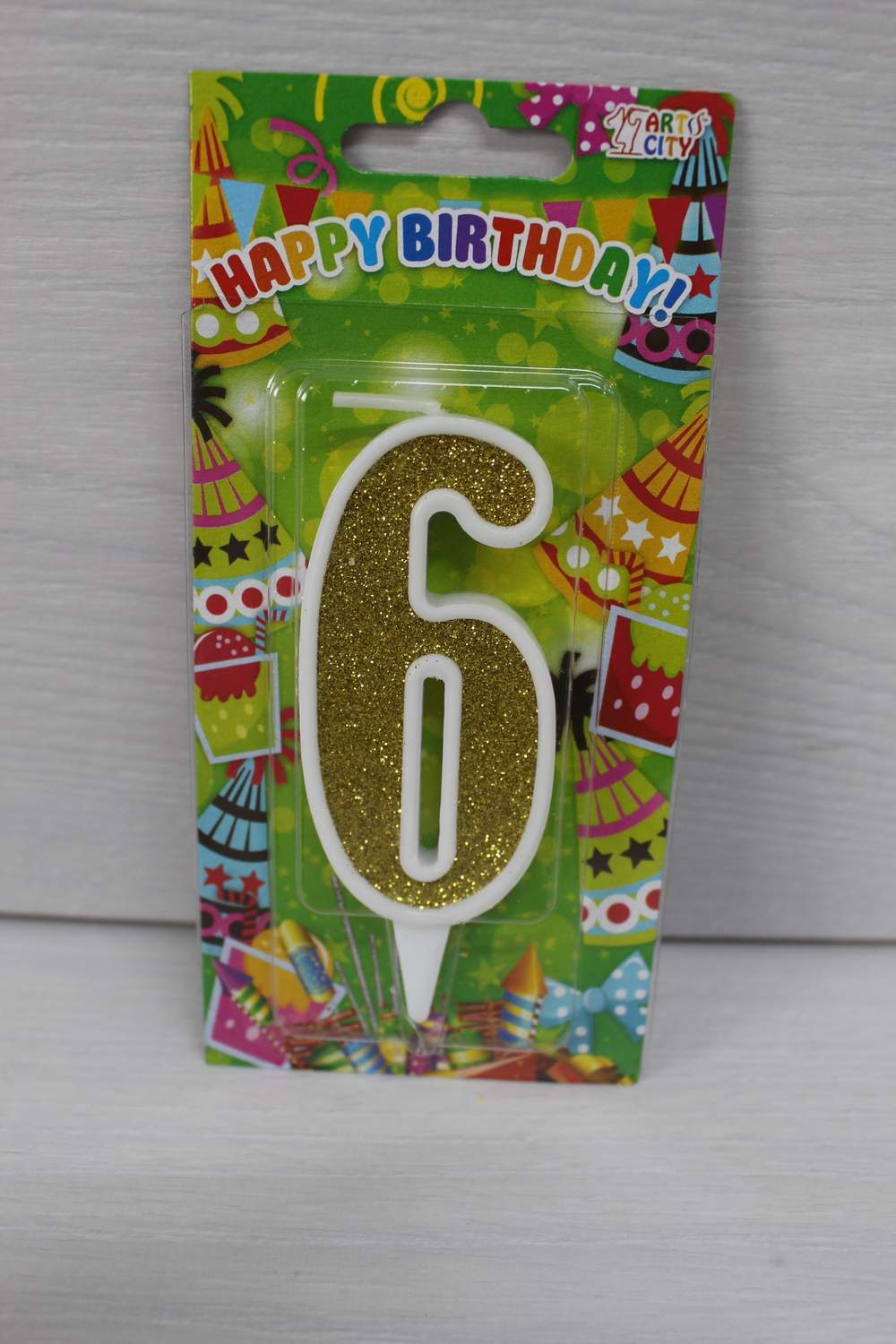 картинка Свічки для торта цифра "6" біла, золотий глітер. в магазині Центр Солодкого Декору