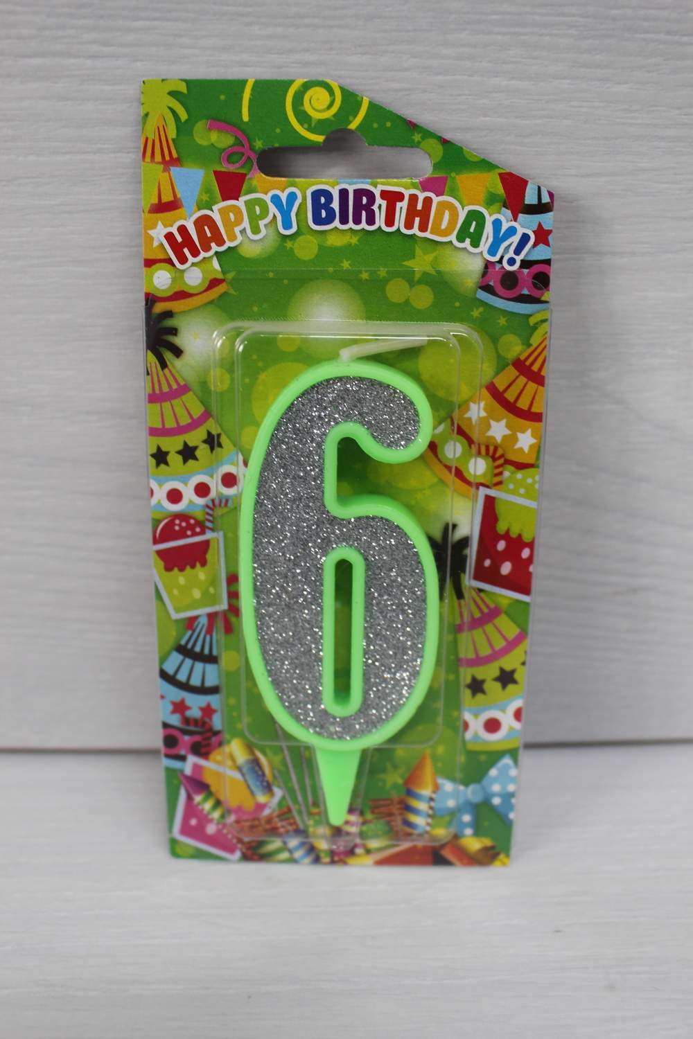 картинка Свічки для торта цифра "6" салатова, срібний глітер. в магазині Центр Солодкого Декору